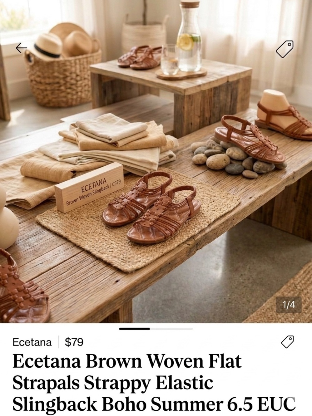 Ecetana Brown Woven Flat Sandals Strappy Elastic Slingback Boho Summer 6.5 EUC